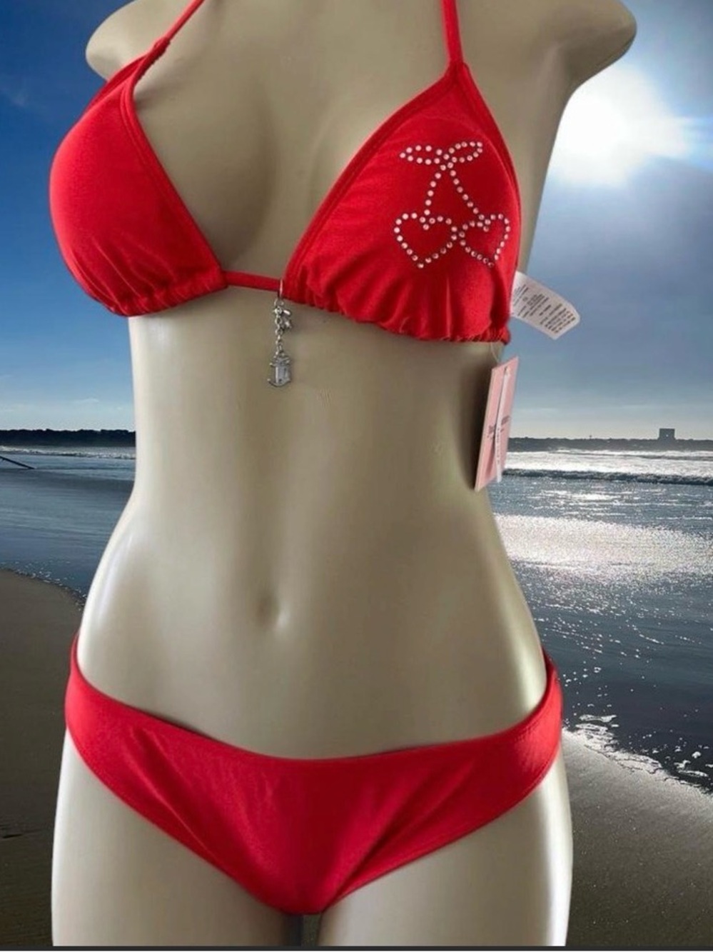 Juicy Couture Red Rhinestone Cherry Triangle Bikini Set